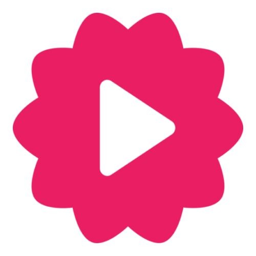 Pink flower-shaped icon with a white play button in the center.