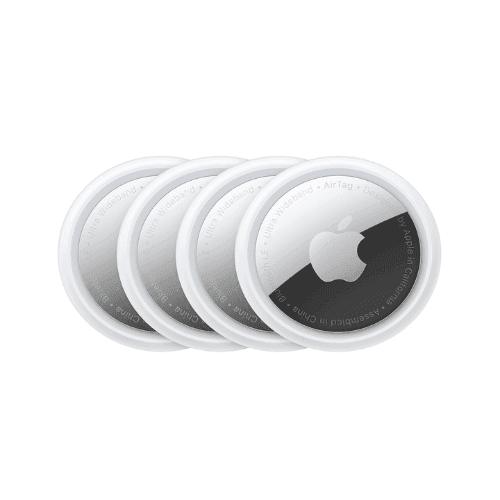 Four overlapping Apple AirTags with the Apple logo in the center, designed for item tracking.