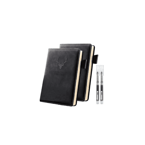 Two black leather notebooks with an embossed deer head logo, accompanied by two clear ink pens.