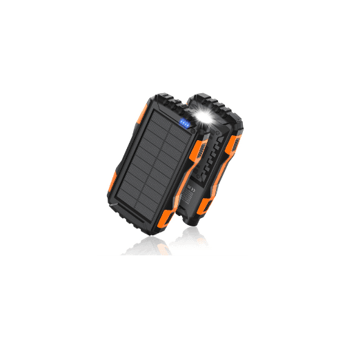 Portable solar power bank with rugged design, black and orange accents, featuring LED lights.