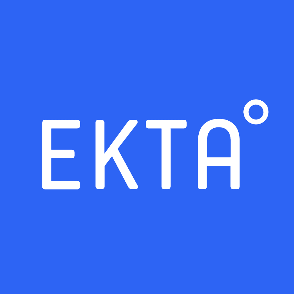 Logo with the word EKTA in white, capital letters on a blue background.