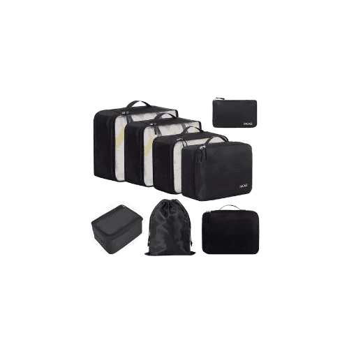 Set of black packing cubes and organizers in various sizes, used for efficient travel packing.