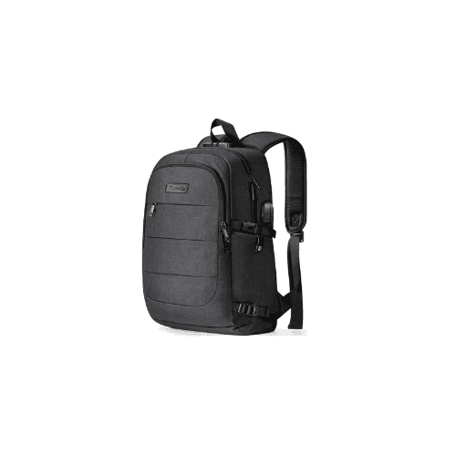 Black backpack with multiple compartments and adjustable shoulder straps, designed for everyday use or travel.