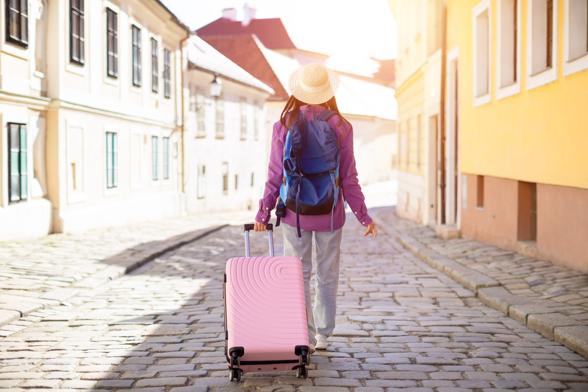 Lady with suitcase enjoying european scenery, back view